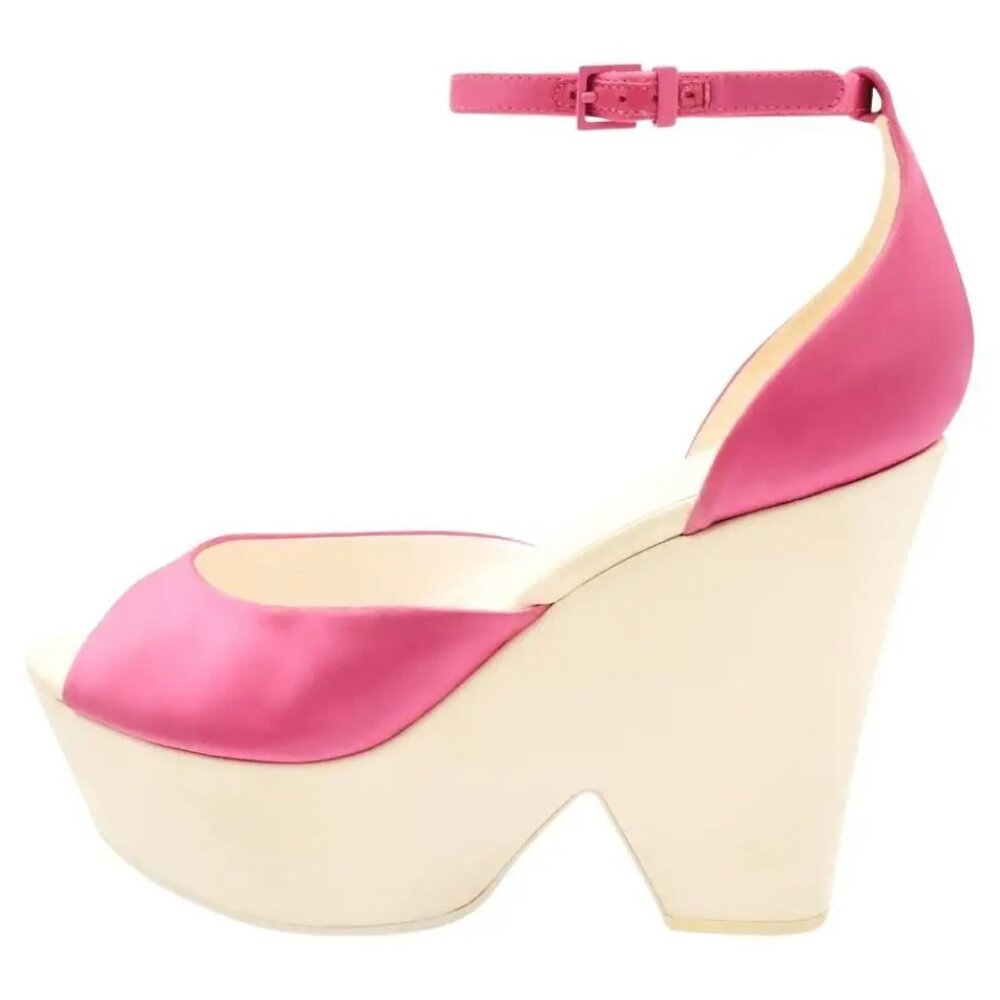 Celine Pink Satin Ankle Strap Cut Out Platform Wedge Sandals